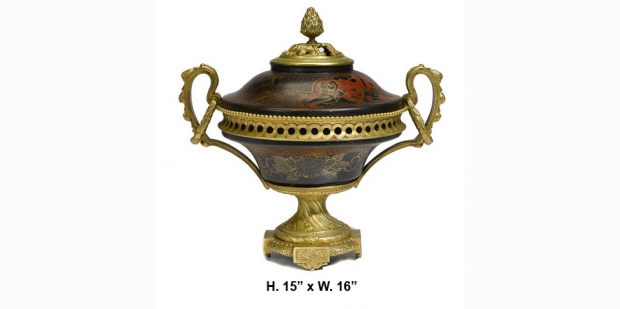 19c French chinoiserie gilt bronze and lacquered pocelain covered urn