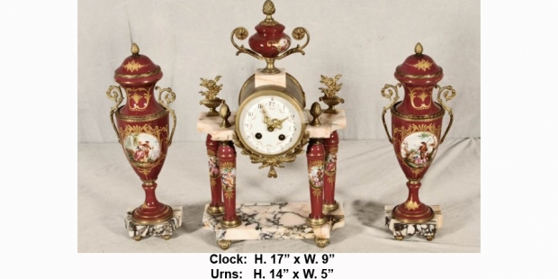 Antique French Red and gold Sevre Style porcelain and marble 3 pc clock garniture
