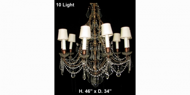 CH09  Antique Ventien cut crystal and beaded 10 light brass chandelier