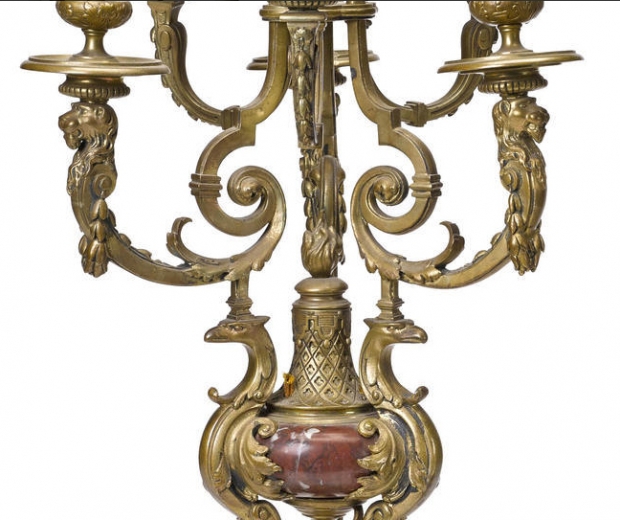 Pair 19c French Louis XV style gilt bronze and rouge marble 6L candelabra (1)