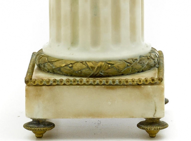 Pair 19c French Louis XVI style omolu and white marble figural 2L candelabra (2)