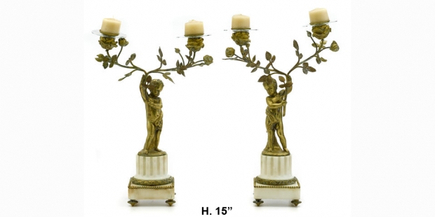 Pair 19c French Louis XVI style omolu and white marble figural 2L candelabra