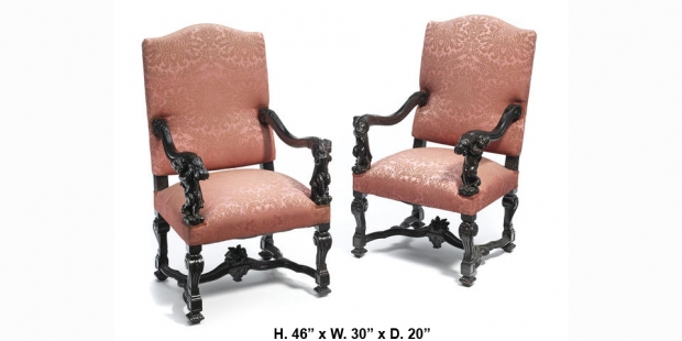 Pair 19c Italian Baroque style carved figural armchairs