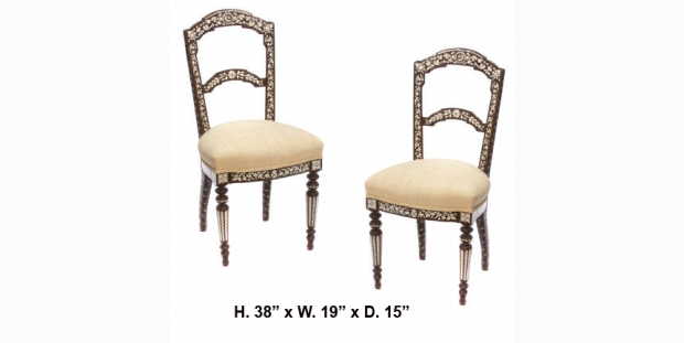 Pair 19c Levantine shell and silvered metal inlaid side chairs