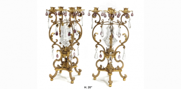 Pair Italian Baroque Style gilt bronze 4L candelabra with crystal spike