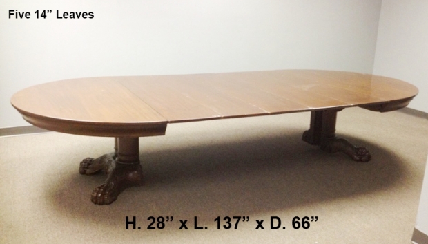 19c. American Baroque Style carved mahogany dining table with 5 leaves