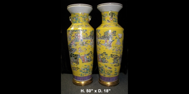 Monumental Pair Royal Chinese Qing Dynasty Style Imperial Yellow Glaze Palace Vases (1)