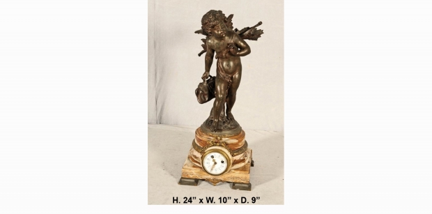 19c French patinated walking cupid on onyx mantel clock
