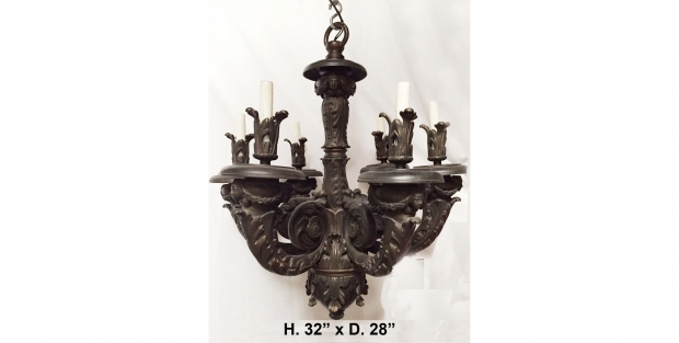 Copy of Impressive Pr 19c Baroque style patinated bronze 6 Light chandelier with faces and swags (2)