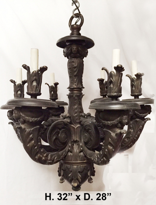 Impressive Pr 19c Baroque style patinated bronze 6 Light chandelier with faces and swags (2)