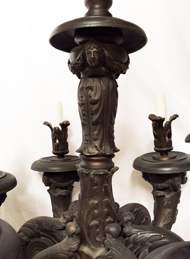 Impressive Pr 19c Baroque style patinated bronze 6 Light chandelier with faces and swags (4)