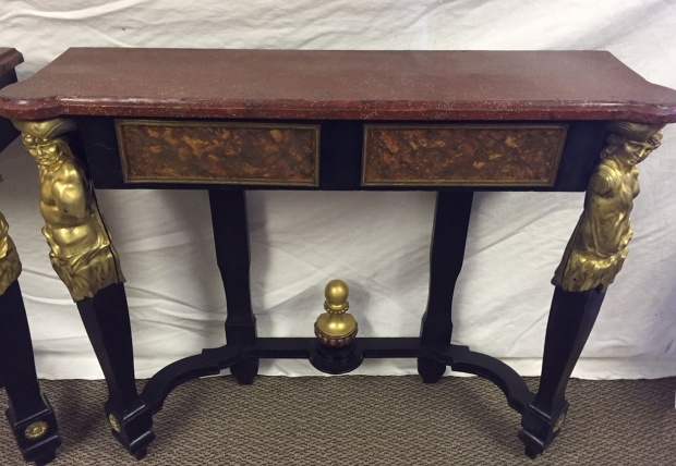 Unusual Pair 19c French bronze mounted and faux painted ebonized consoles with faux porphry tops (7)