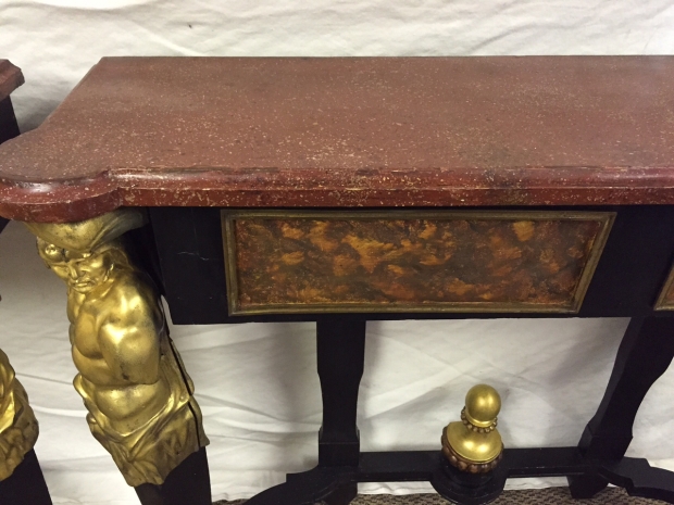 Unusual Pair 19c French bronze mounted and faux painted ebonized consoles with faux porphry tops (8)
