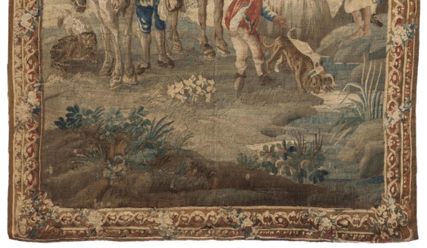 Fine 19c French handmade tapestry depicting a maiden seated on horse in a garden (1)