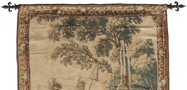 Fine 19c French handmade tapestry depicting a maiden seated on horse in a garden (2)