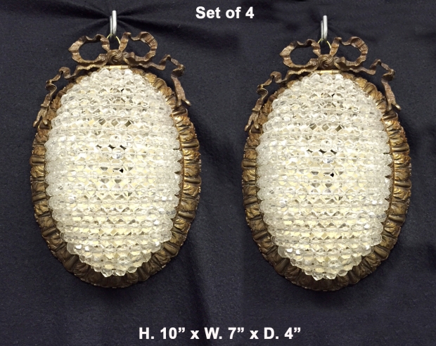 Set of Four Antique French Louis XVI style gilt bronze and crystal beaded cabochon wall fixtures