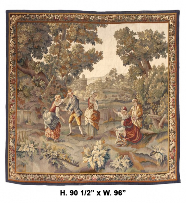 TAP-0230  French Tapestry style  figural group in play in a palace garden L20thC