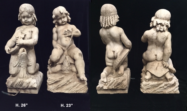 Exceptional Italian L18E19c hand carved marble seated boys fountains