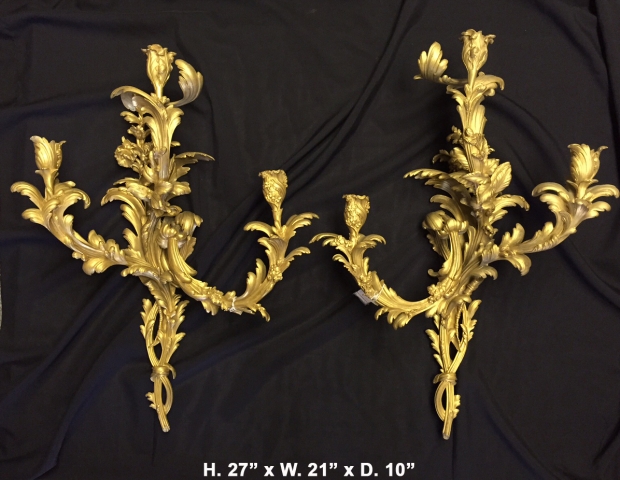 Extremely fine 19c louis XV style 3 light sconces