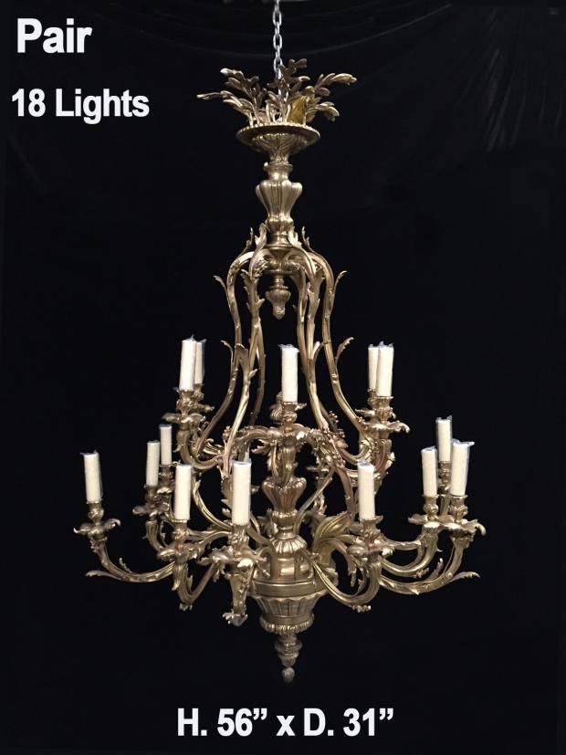 Impressive Pair French Louis XV style bronze 18 light chandelier