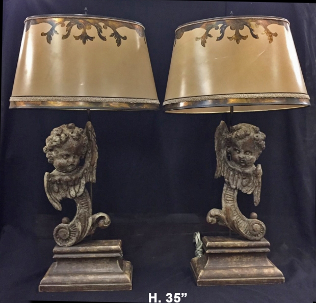 Pair Italian Baroque style carved angel head table lamps